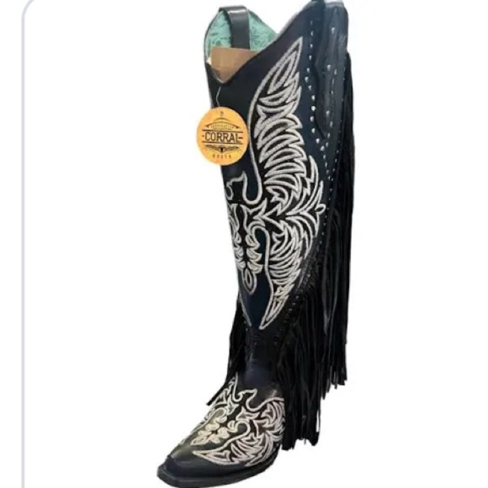 Corral Black Eagle Embroidery & Studs Western leather  Boots with Fringe